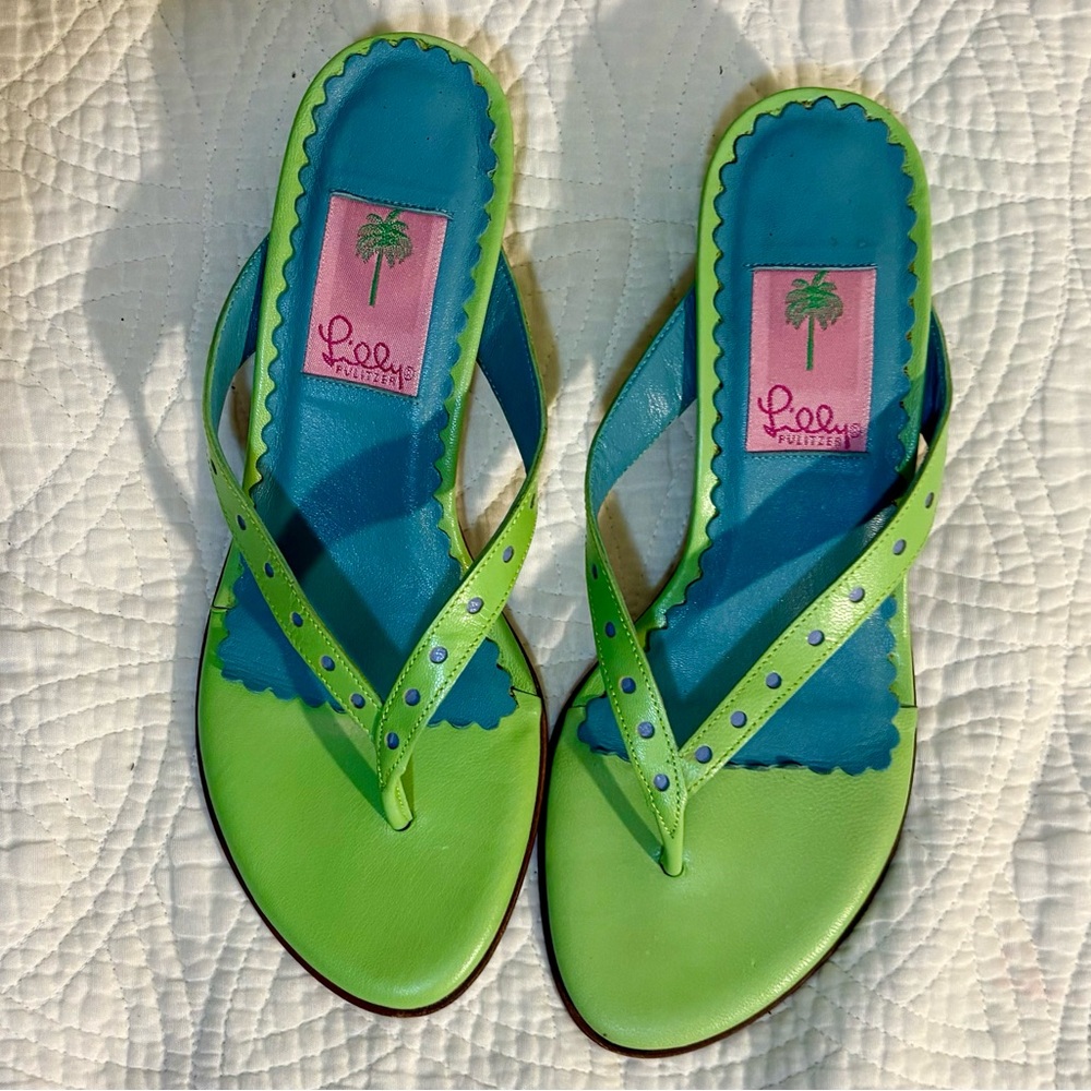 Lilly Pulitzer Lime Green and Teal Studded Flip Flop Sandals